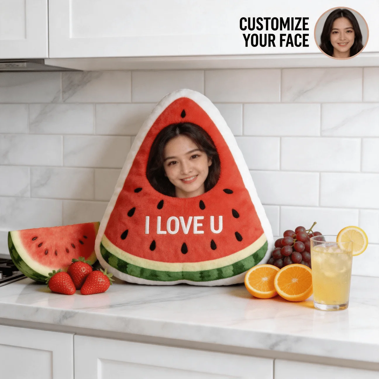 Custom Personalized Photo Face Pillow, Watermelon Slice Shaped Decorative Cushion, 70cm Large Size Accent Pillow for Sofa & Bedr