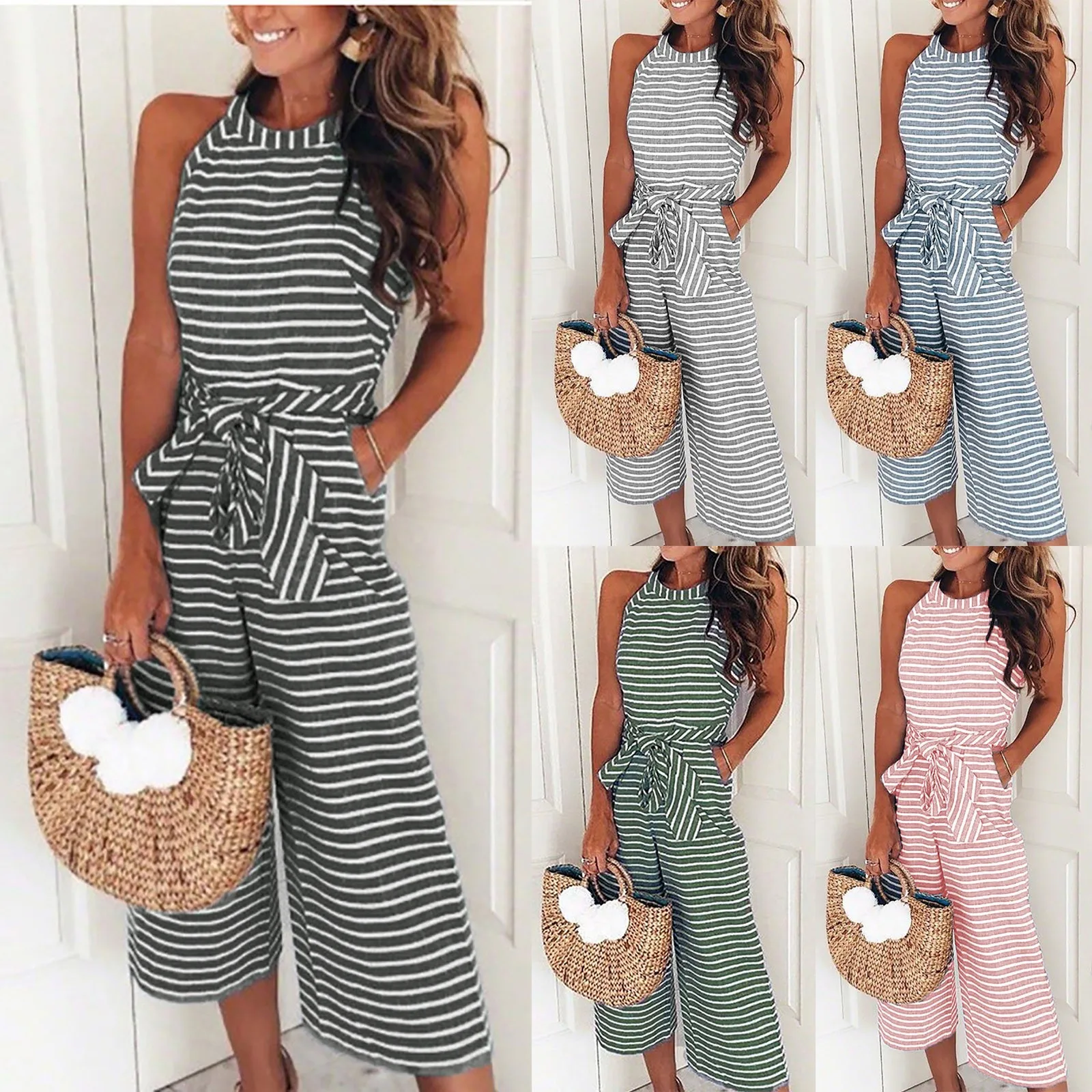 Casual Women Jumpsuit Off Shoulder Stripe Sleeveless Jumpsuit 2024 Lace Up High Street Summer Long Vacation Rompers