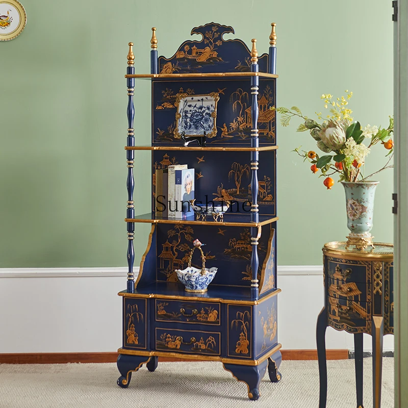 

French Chinese style bookshelf solid wood hand-painted display cabinet retro storage shelf luxury display shelf blue
