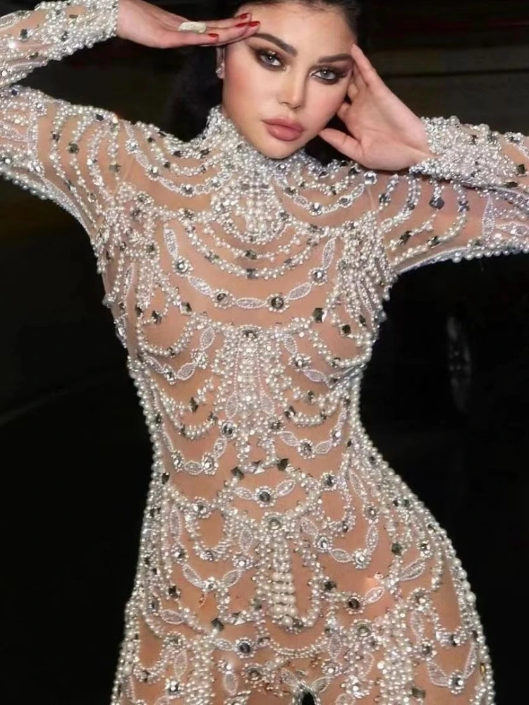 Y2K Sexy Slim Fit Women's Causal Dr Cross-Border High Waist Sequin Long Pants One-Piece See-tough Trendy Fem Clothing Jumpsuits