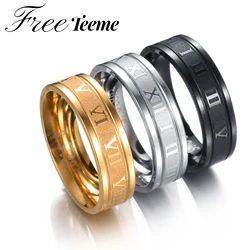Freeteeme Vintage Roman Numbers 6mm Width Ring Wedding Fashion Stainless Steel Couple Rings for Woman Men Jewelry Birthday Gifts