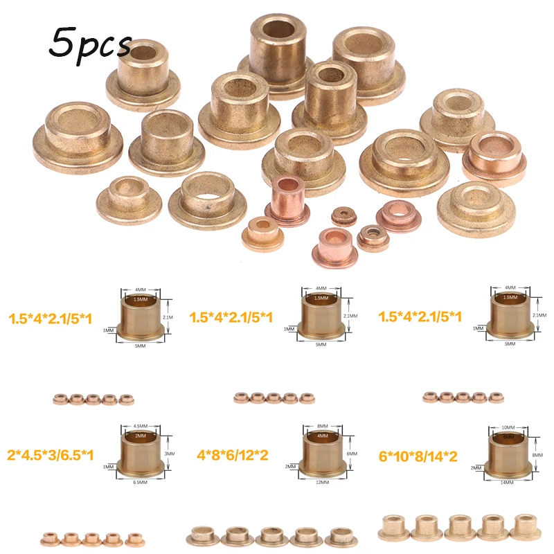 5Pcs Flanging Self-Lubricating Bearing Powder Metallurgy Oil Copper Bushing Guide Sleeve With Stepped Flange Hardware