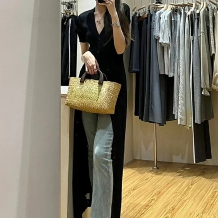 2024 Summer New V-neck Black Dress for Women Fashion Slim Fit Knitted Dressses Y2k E-Girl Mid-length Vestidos Mujer
