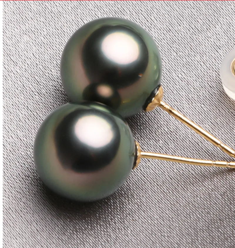 Pair 13-14mm Genuine Black Green Round Pearl Stud Earrings for Women Simple Wedding Party Jewelry Accessories Dangle ,hook 666