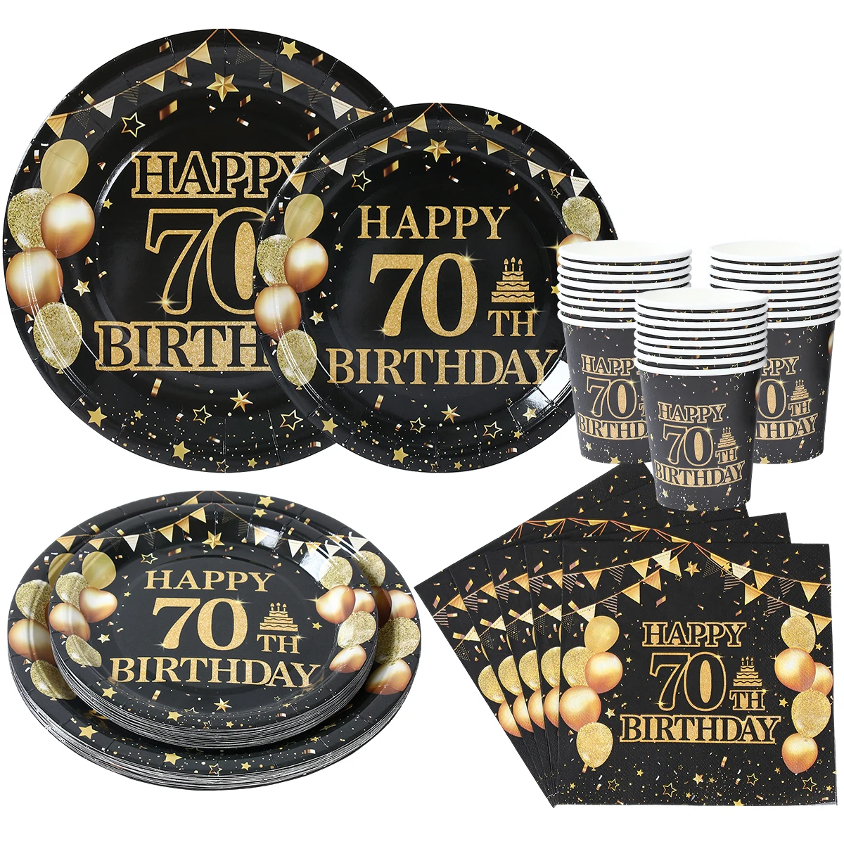 70th حفلة عيد ميلاد أدوات المائدة أطباق ورقية المناديل أكواب الذهب الأسود عيد ميلاد الديكور الرجال النساء 70 سنة عيد ميلاد الديكور