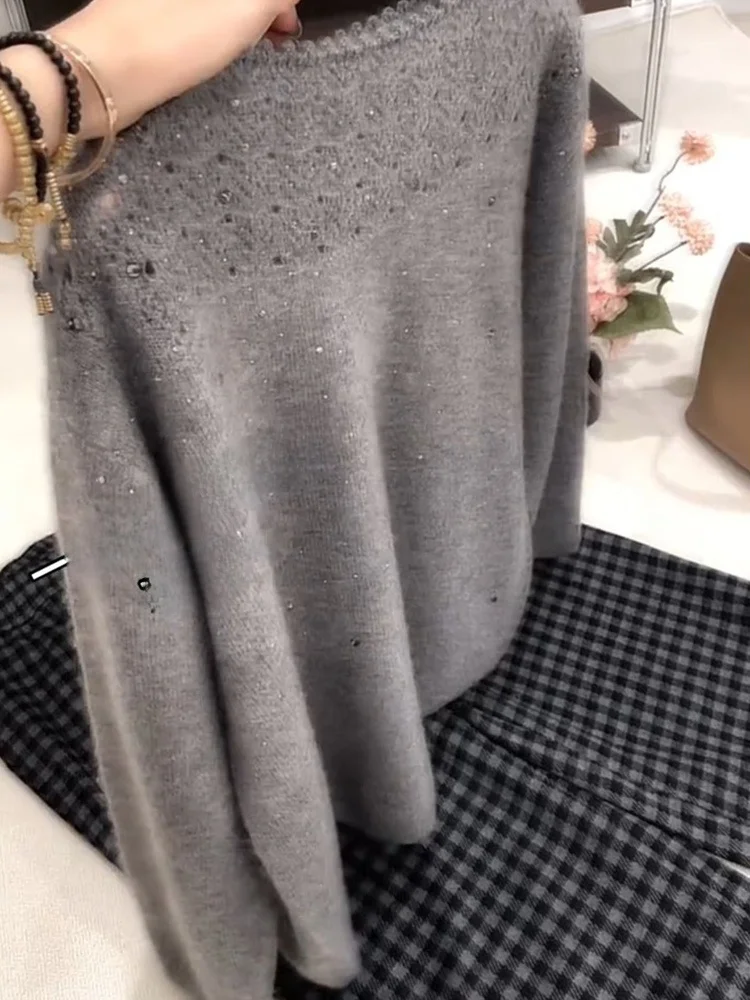 

Женский вязаный комплект Ele: ажурный узор с ромбовидным основанием, зимний модный повседневный костюм свободного кроя с длинными рукавами