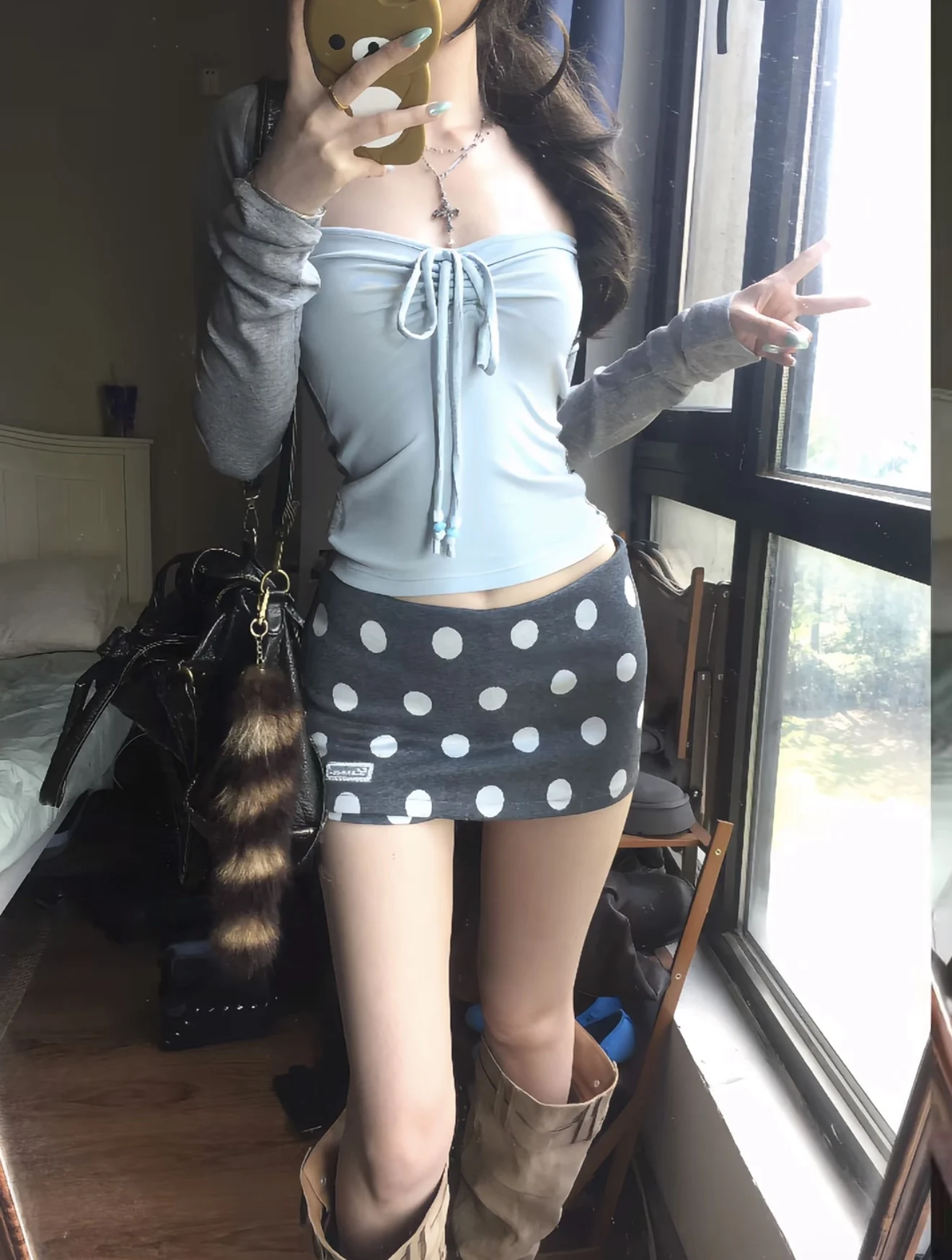 Coquette Korean Sweet 2 Piece Set Women Drawstring Ruched Cami Top With Shrug Polka Dot Mini Skirt Slim Fit Casual Outfit 2026