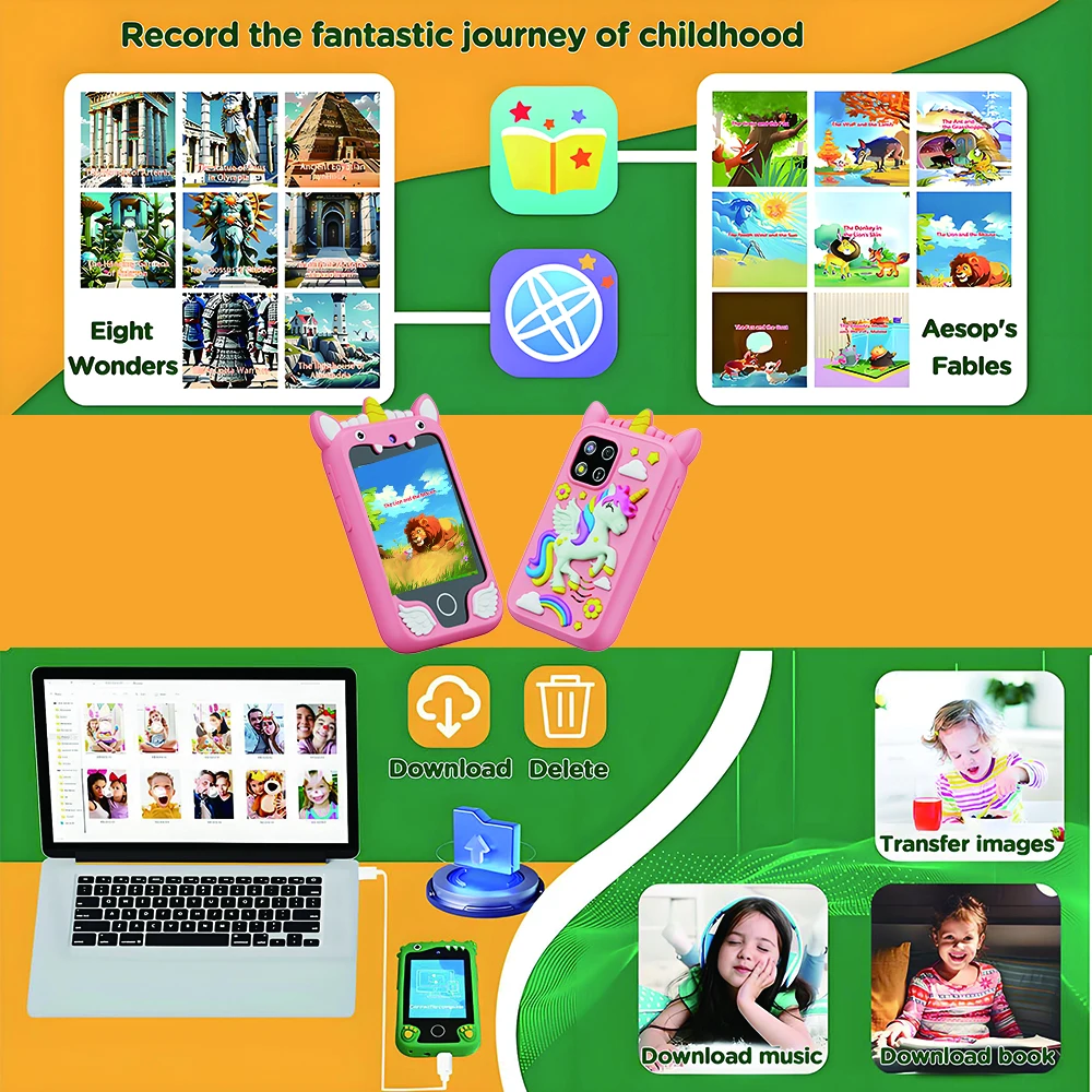 Mini Kids Smart Telefoon 8GB Cartoon Eenhoorn 2.8 ''Verhalen Muziek Camera Gewoonte Track Baby Mobiele Speelgoed Telefoon Educatief gereedschap Geschenken