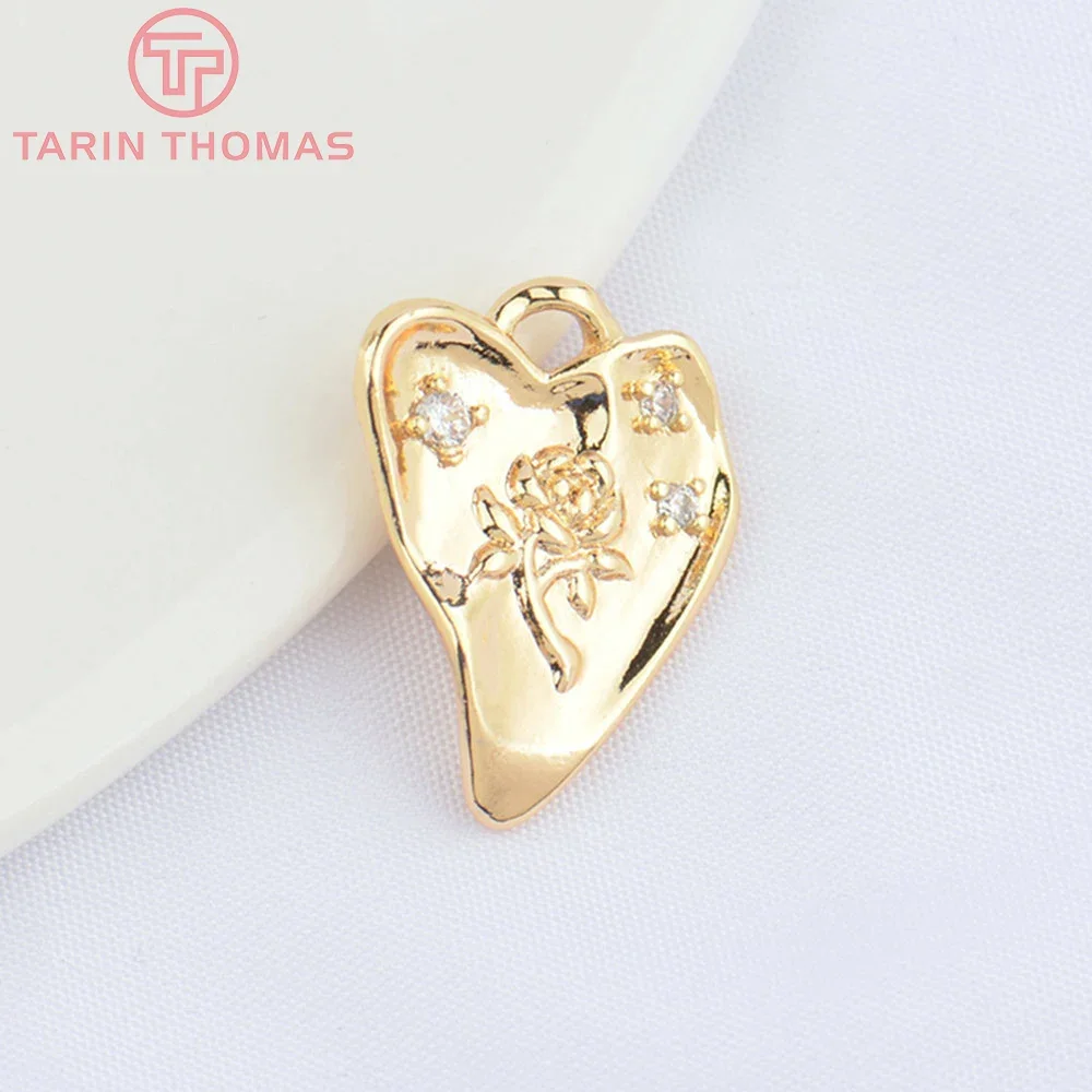 (4896) 4PCS 14x18MM 24K Gold Color Brass with Zircon Heart Shape Rose Texture Pendants High Quality DIY Jewelry Making Findings