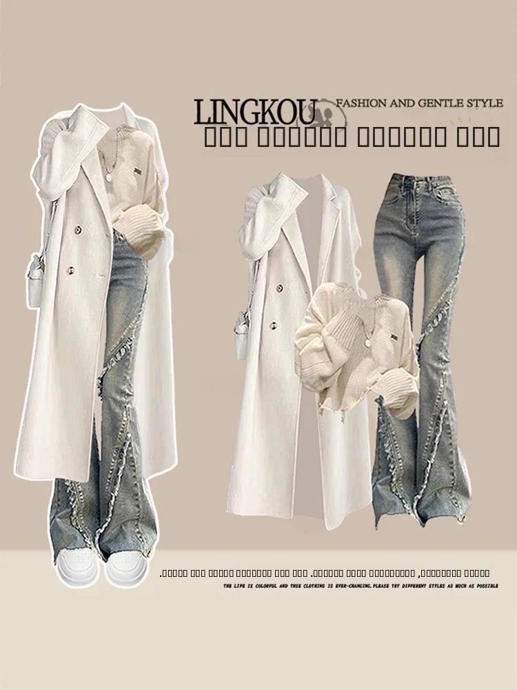 Suéter de malha Faionable de outono e jeans emagrecedores conjunto de peças de camiseta feminina leve Maturi Sle Outerwear gola moderna...