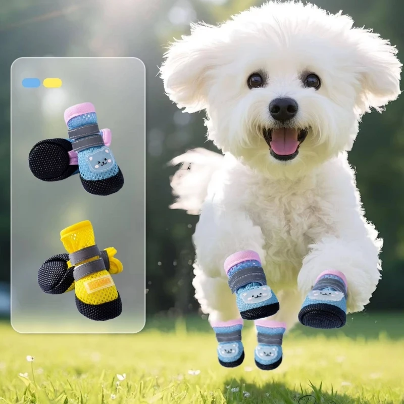 Lightweight Breathable Dog Mesh Shoes Reflective Adjustable Anti-Slip Pet Dog Boots Wear-Resistant Outdoor Footwear