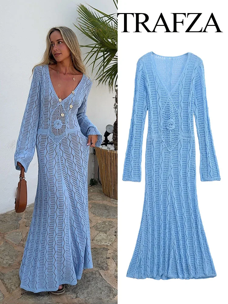 

TRAFZA Women Chic Autumn Blue Elegant V Neck Long Sleeved Dress Female Beach Holiday Slim Hollow Out Decoration Dresses Mujer