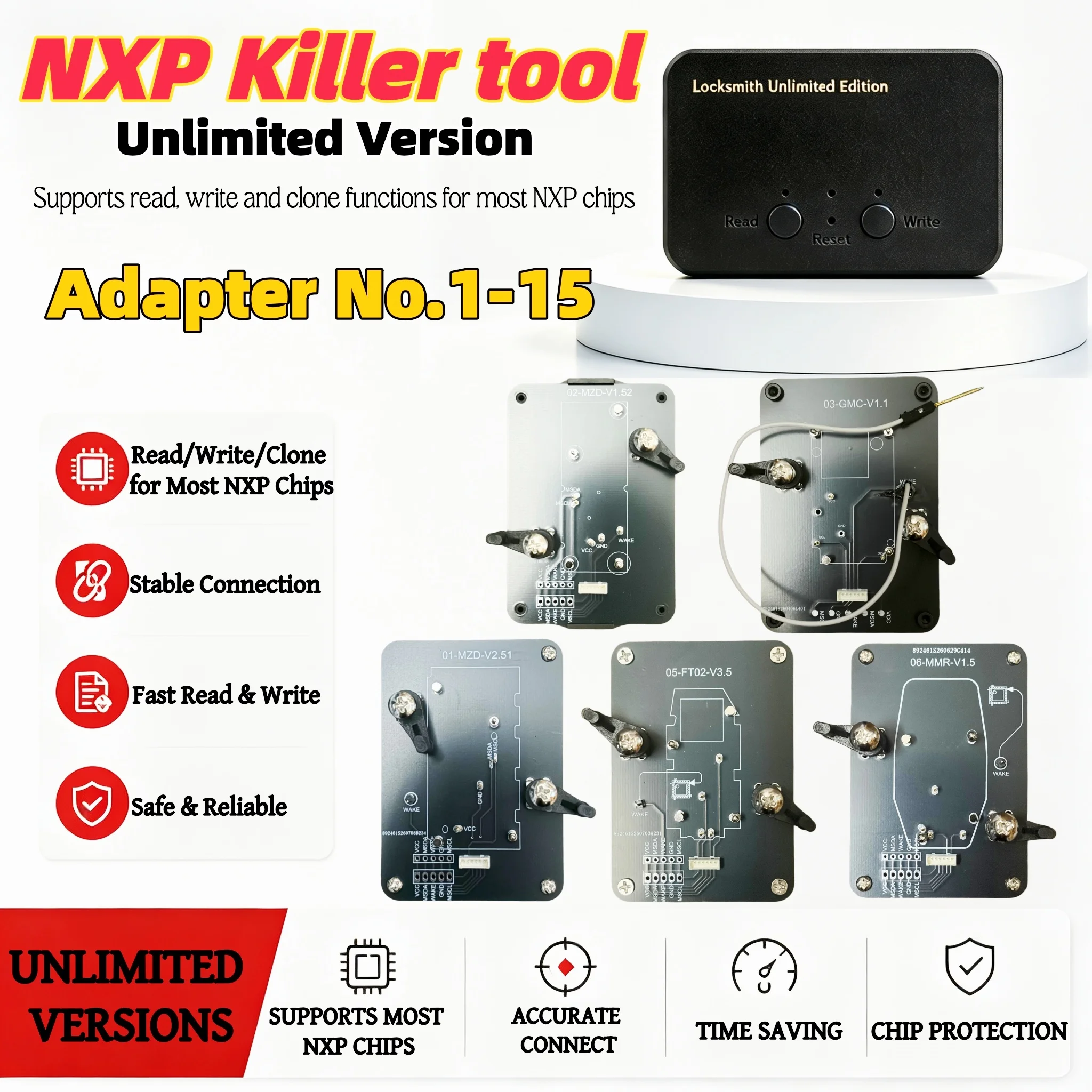 Adapters No.1-15, compatible with NXP Killer, VVDI, Xhorse, KD and other devices, supports chip reading, writing and cloning