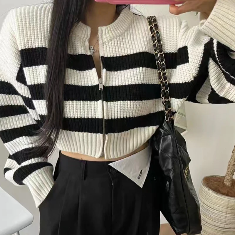 HELIAR Women Patchwork Striped Sweater Zipper Cardigan Sweater Knit O-Neck Casual Cropped Outerwear For Women 2024 Fall Winter