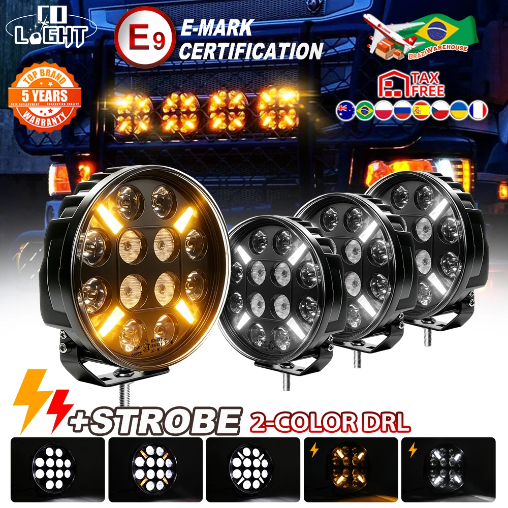 CO LIGHT 9 " Runde Offroad-Leuchte LED-Fahrlicht LKW LED-Arbeitsscheinwerfer E9 Weißer Scheinwerfer Blitz mit Blinker Gelb 12V 24V