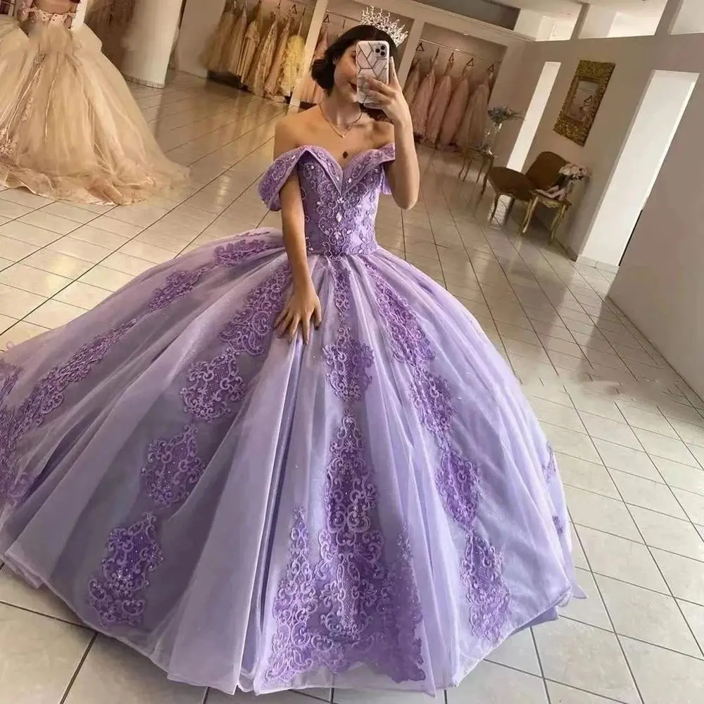 ANGELSBRIDEP الخزامى الكرة ثوب Quinceanera فساتين Vestidos دي 15 Anos خارج الكتف الدانتيل بلورات الأميرة عيد ميلاد حزب أثواب