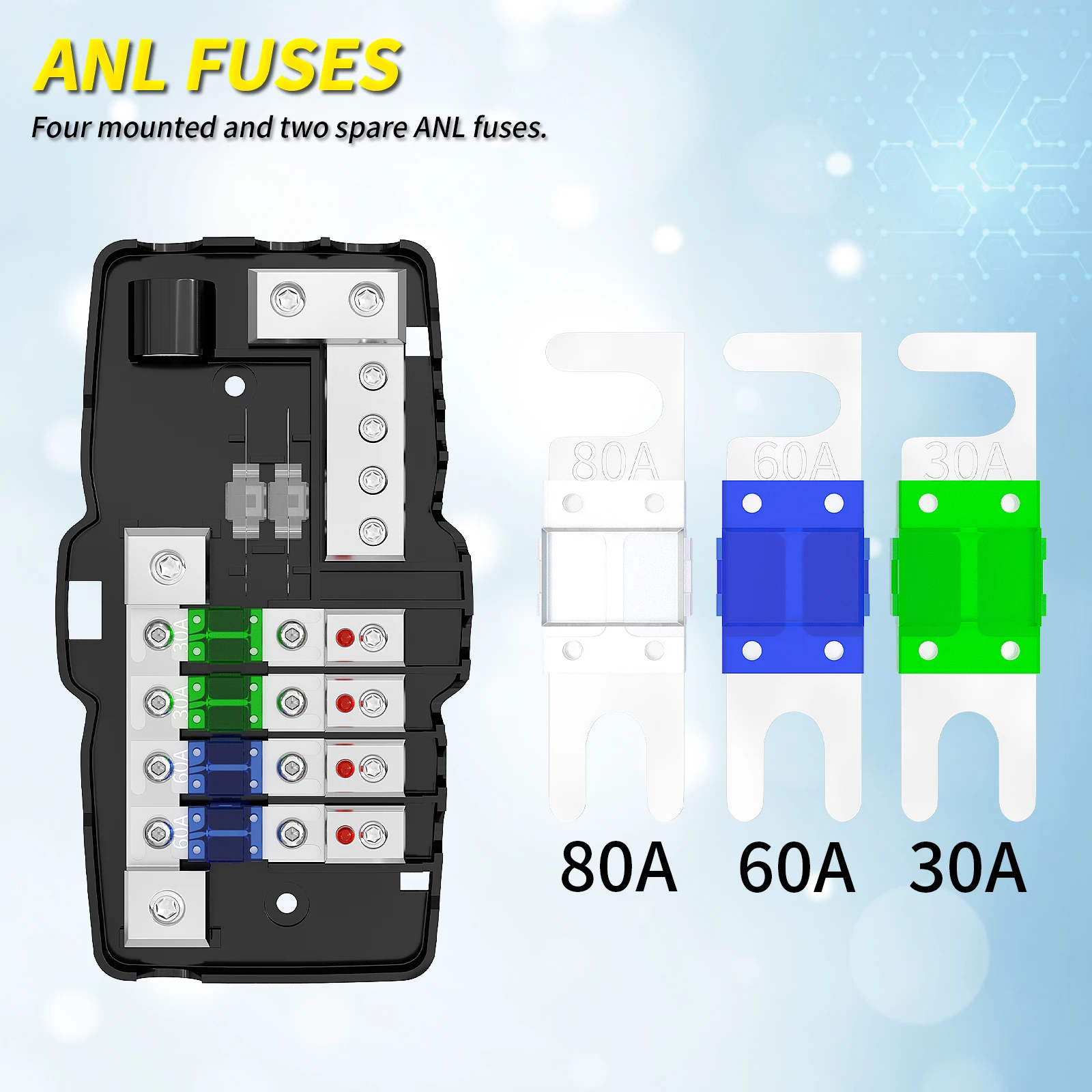 Fused Power Distribution Block Car Audio 4 Way MIDI(Mini-ANL) Fuse Block 12V 0/4 Gauge with Ground for Auto UTV Boat Stereo Amp