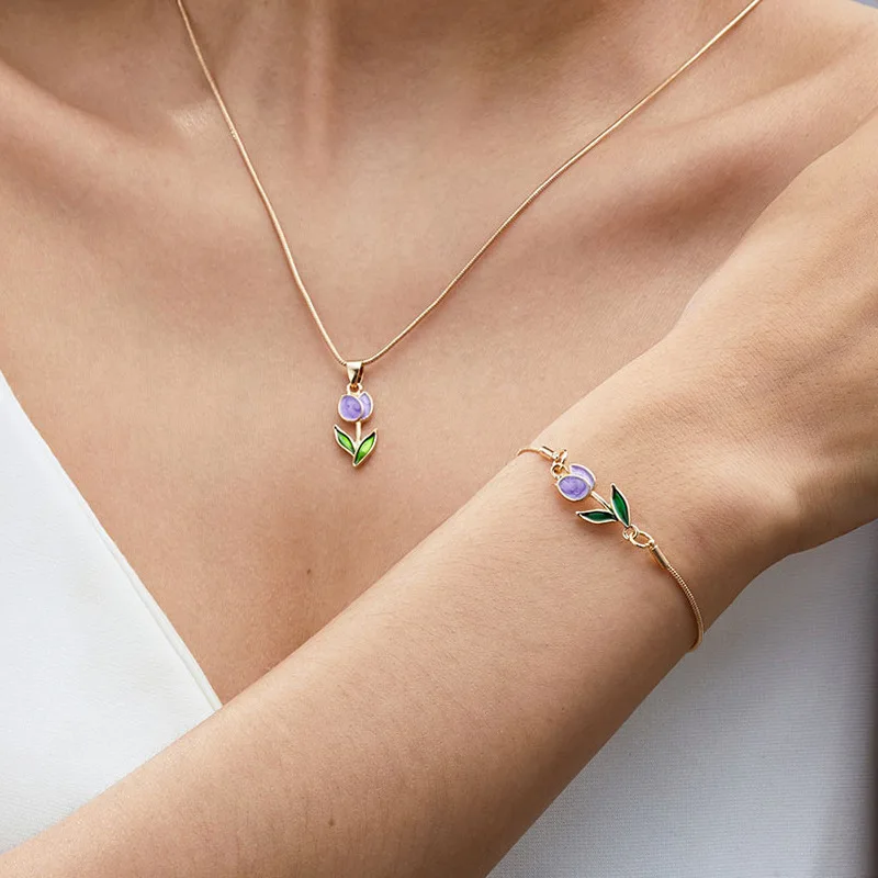 Necklace and Bracelet Tulip Delicate Summer Elegant Lightweight Premium Alloy for Women Versatile Classy Daily Gift