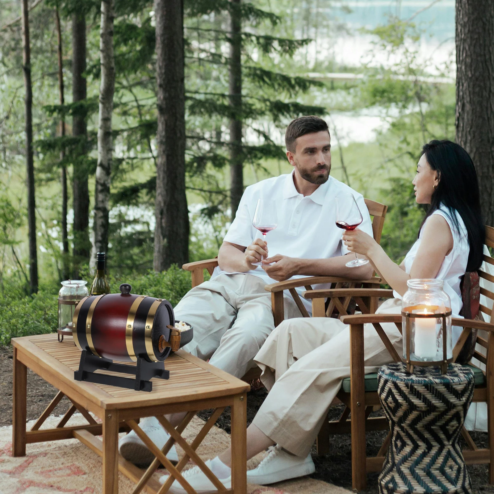 

1.5L Wooden Barrel Dispenser For Beer Aging, Rustic Oak Drink Barrel For Bar Home Use, Wine Container With Natural Grain, Scene