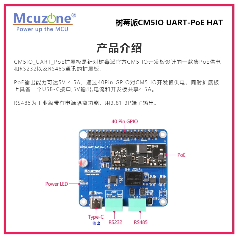 Raspberry Pi CM5IO UART-PoE HAT, 5V4.5A, RS232 e ISO RS485