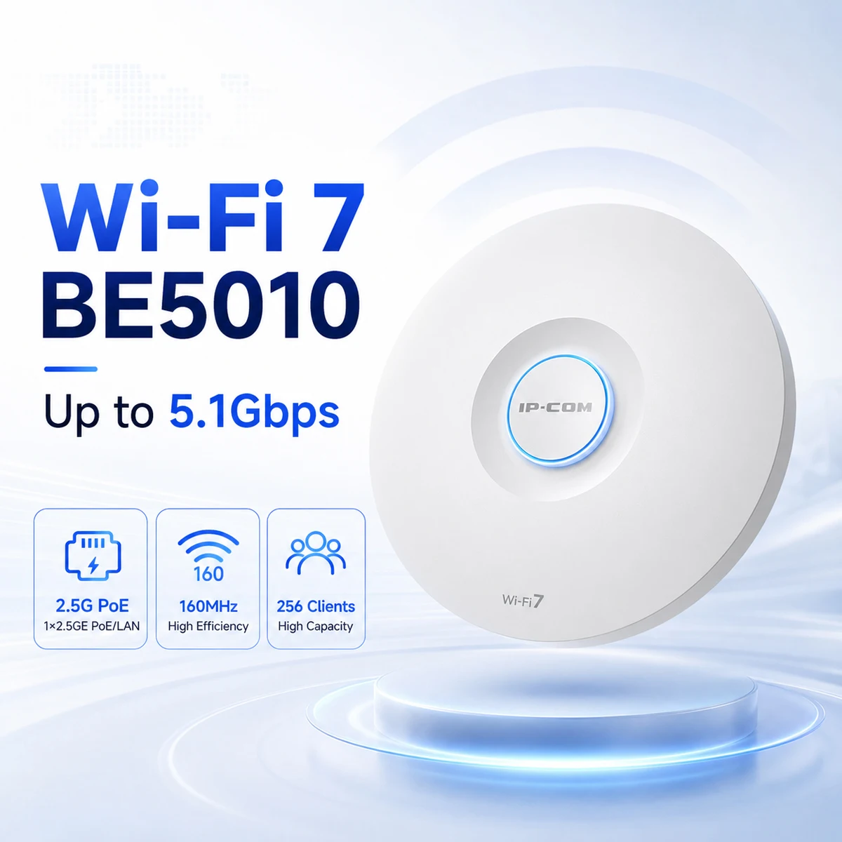 WiFi 7 Access Point 5.1Gbps BE5010 Dual Band 2.5G PoE Ceiling Wireless AP 160MHz MLO Fast Roaming 256 Clients Enterprise WiFi