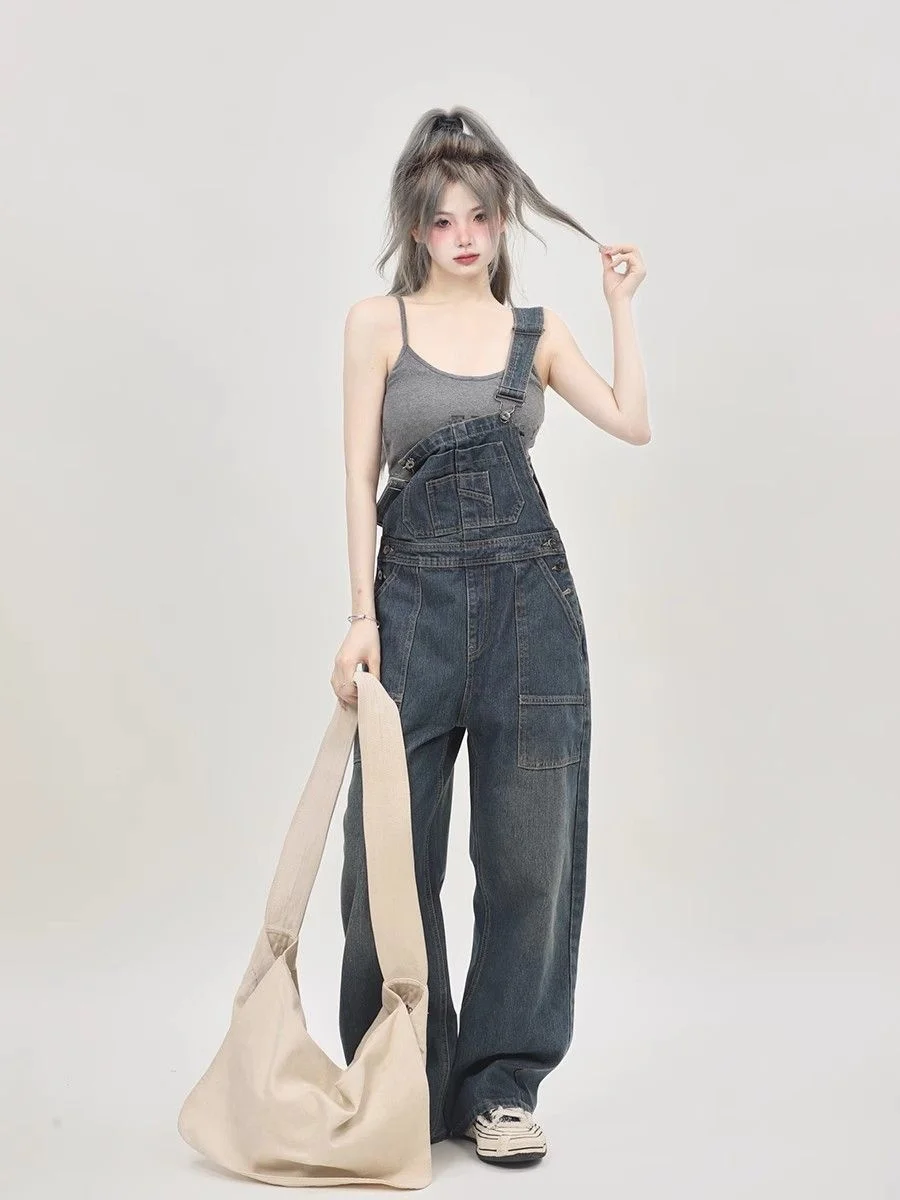 

Faionable American Retro Workwear Women's Denim Overalls Loose Wide Leg One-Piece Pants High Waist Button Closure Jeans