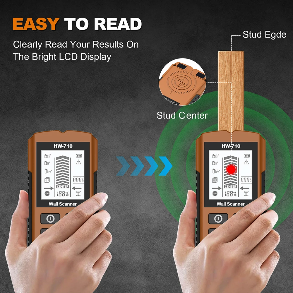 Alat Pencari Stud 6-in-1 dengan Lampu Latar Hijau, Detektor Dinding untuk Mendeteksi Pusat Stud Drywall 1-1/2 Inci