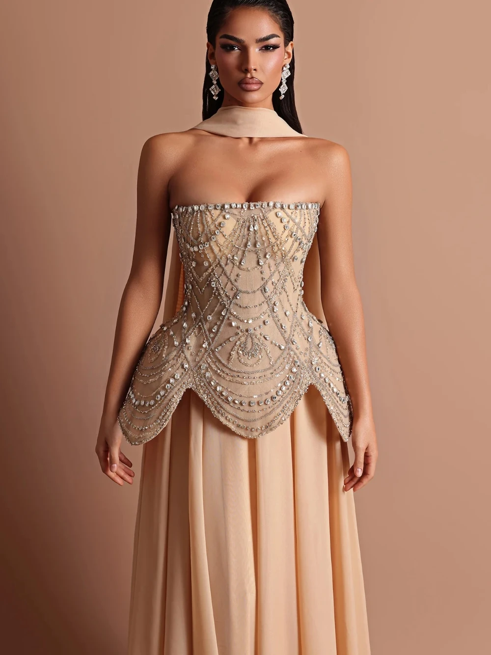 

Dainty Structured Corset Strapless Evening Dress Beaded Flowing A Line Prom Gown With Scarf Graceful Customized Birthday Wear