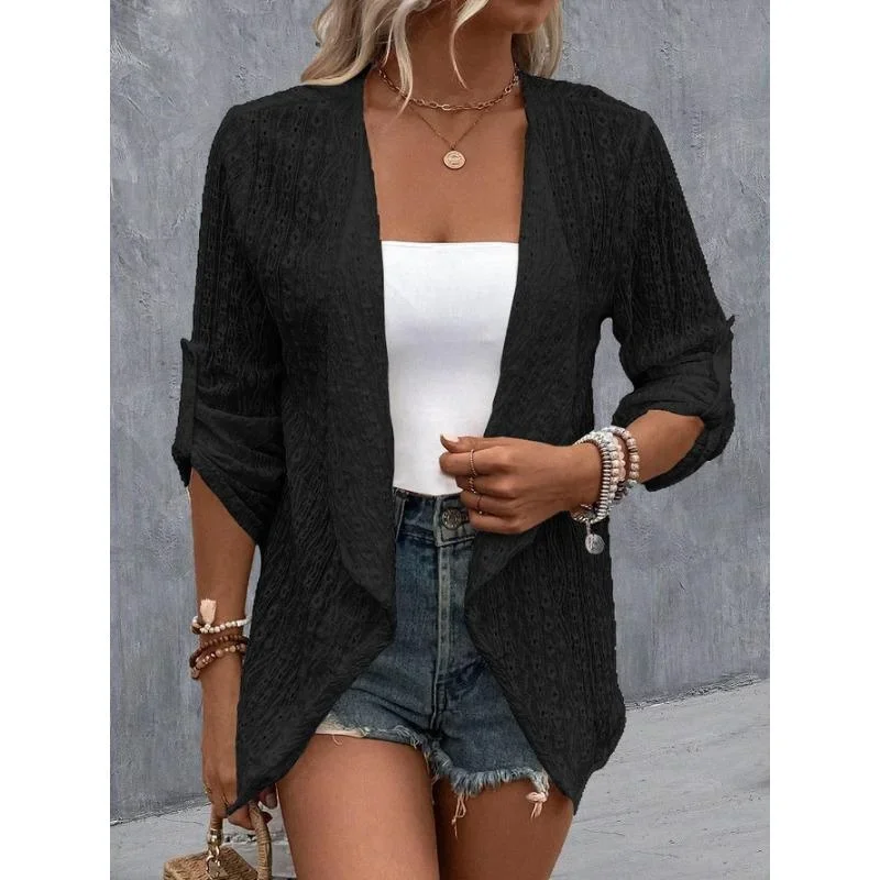 New Fashion Women's Top Long-sleeved Shawl Collar Lace Hollow Out Solid Colour Crochet Cardigan Women's Outer Sleeve Buttons