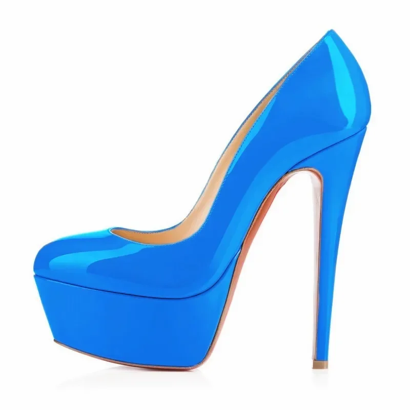 LOSLANDIFEN Women Pumps Wedding Sexy Platform Round Toe Patent Leather 14CM Thin high heels Novelty Lady Party Women Shoes blue