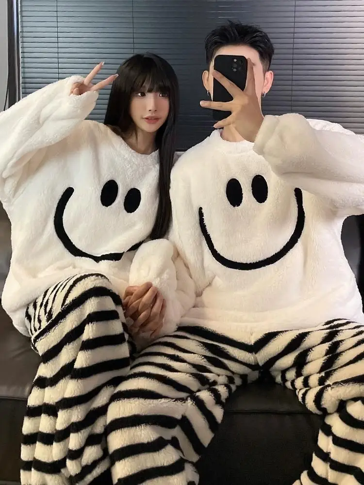 Smile Fluffy Flannel Couples Pajamas Set Women Christmas PJ Warm Furry Homewear Y2K White Sleepwear Mens PJS Plus Size Nightwear