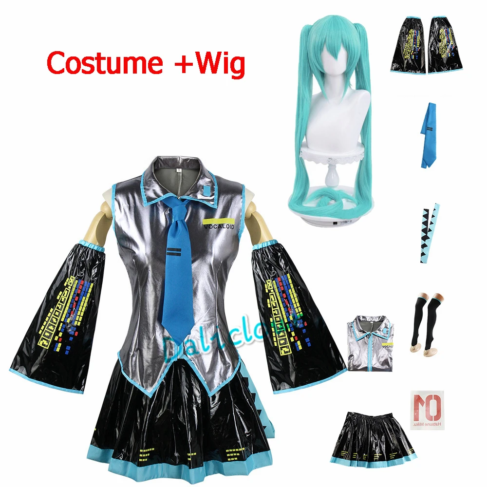 Miku Cosplay Full Set Patent Leather Midi Dress Suit Anime Miku Cosplay Shoes Wig Headwear Costume Outfit JK Uniform Cosplay