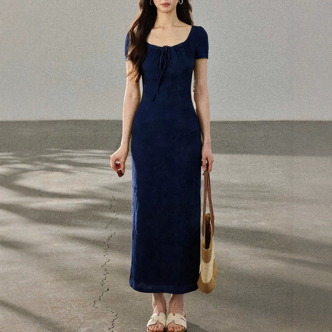 Women Summer Short-sleeved Long Dress Premium Navy Blue Dark Jacquard Dress