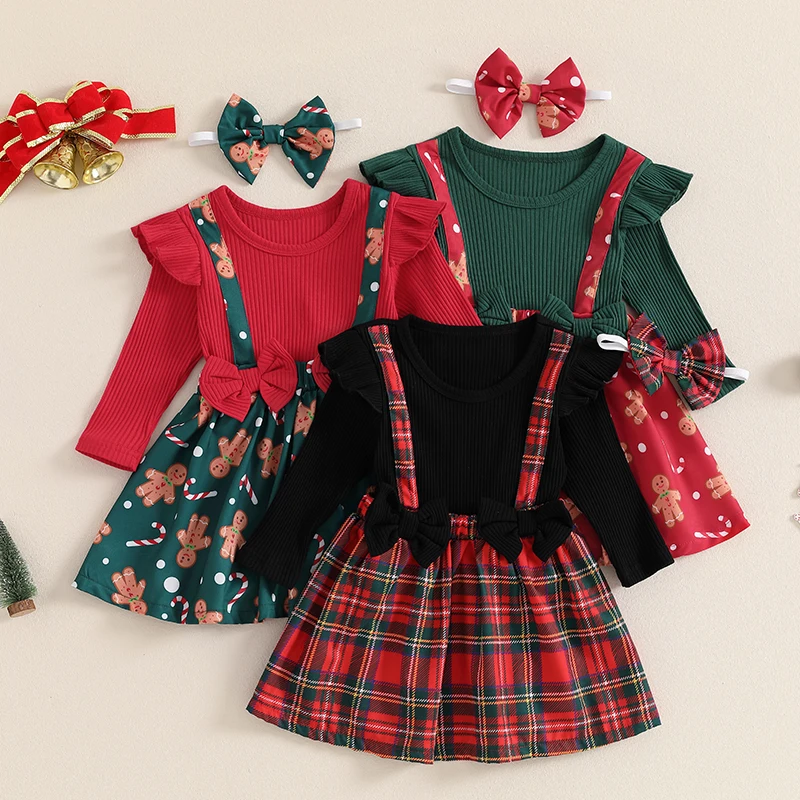 Toddler Kids Clothes Girl Christmas Dresses Ribbed Plaid/Gingerbread Man Bow Ruffles Bowknot Party Dress Headband