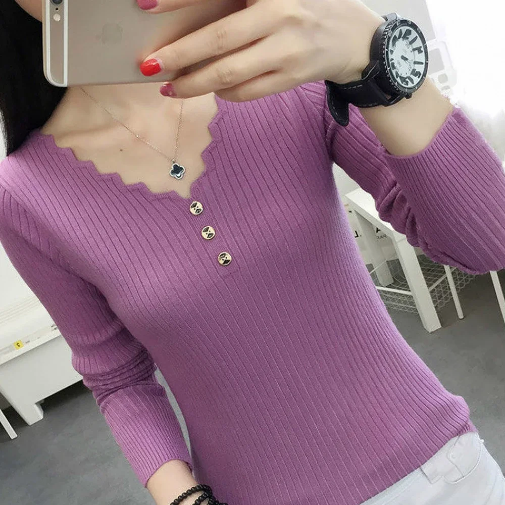 

Button V Neck T Shirt Pullover Sweater Women S-2XL Black White Green Blue Purple Wine Knit Full Sleeve Jumper Soft Warm Tops