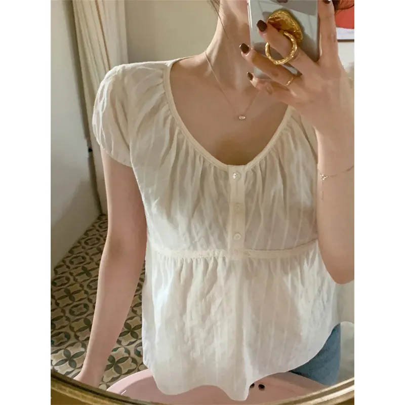 

Sweet Youthful Korean Dongdaemun Summer 2025 ort Sve Lace Bubble Sve Women's irt V-ne Casual Loose Fit