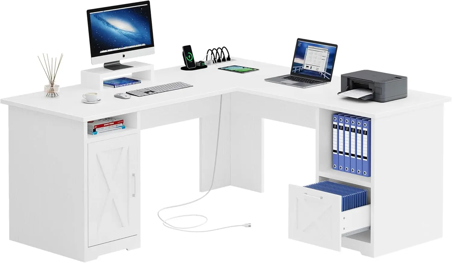 Shaped Desk with Power Outlets, 60 Inch Computer Corner with File Drawer, Home Office with Monitor Stand