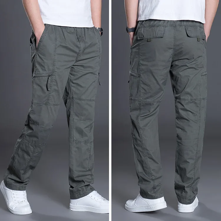 Men Cargo Pants Long Pant Straight Trousers Casual Loose Regular High Elastic Waist Solid Splice Simple Autumn Winter 2024