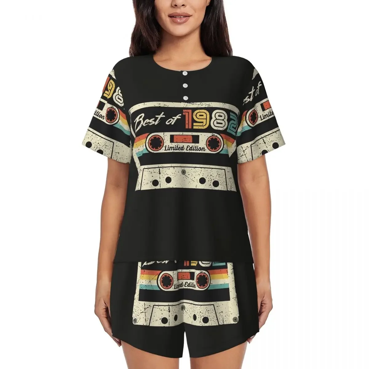 

3D Cassette Music Tape Round Neck Short Sleeves Nightdress for Sleeping Sleepshirts Women Soft Pajama Set Short Pants