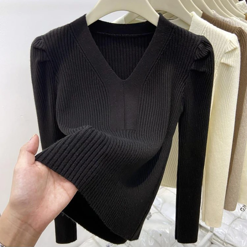 Elegant V Neck Winter Basics Sweater Women Pullovers Casual Long Sleeve Y2k Clothes Slim Knitwear Jumpers Knitted Black Tops