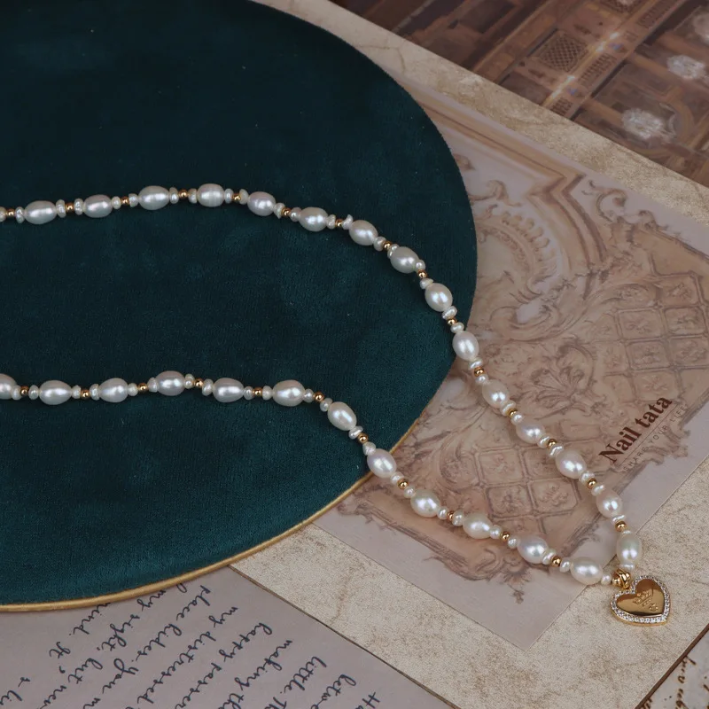 ladies quality pearl necklace rice bead fresh water pearl heart shaped pendant necklace