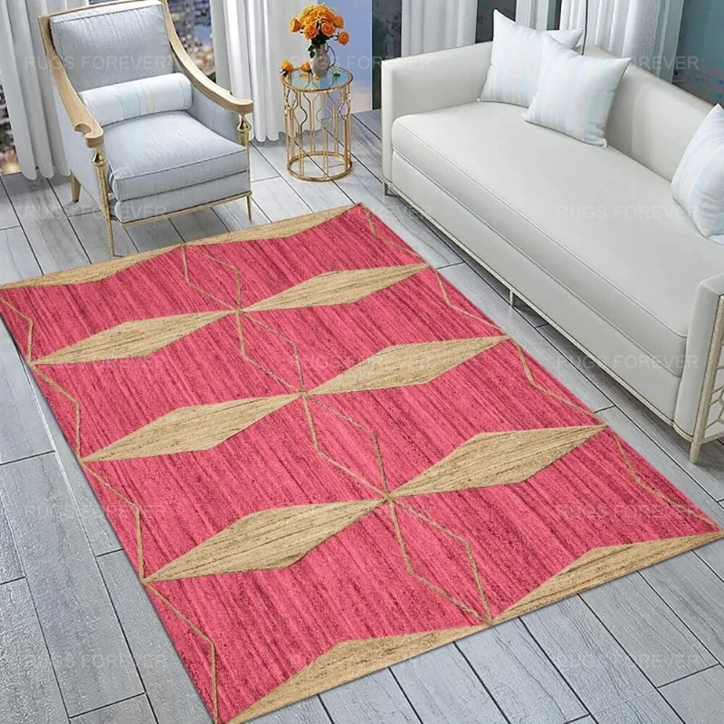 Natural Jute Pink Kilim Living Room Carpet Handmade Boho Mat Bedroom Area Rug