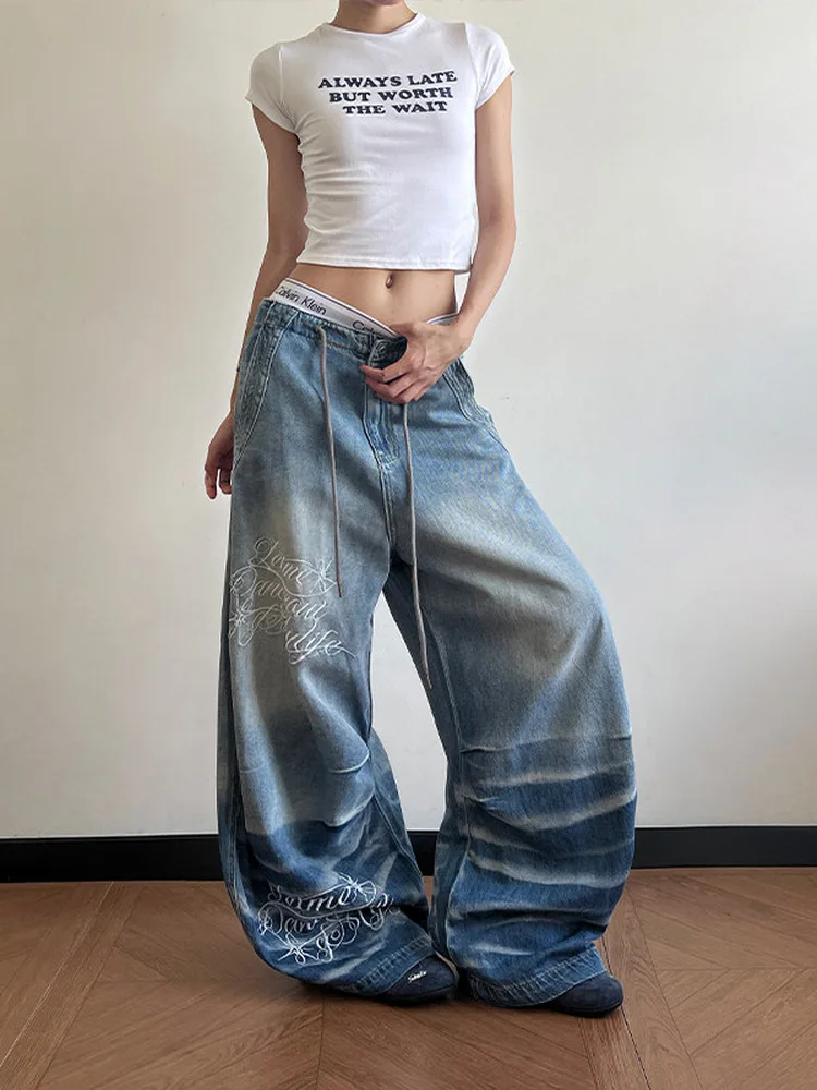 Retro American High Street Washed Knife Jeans Men Women Embroidery Loose Casual Long Trousers Trendy
