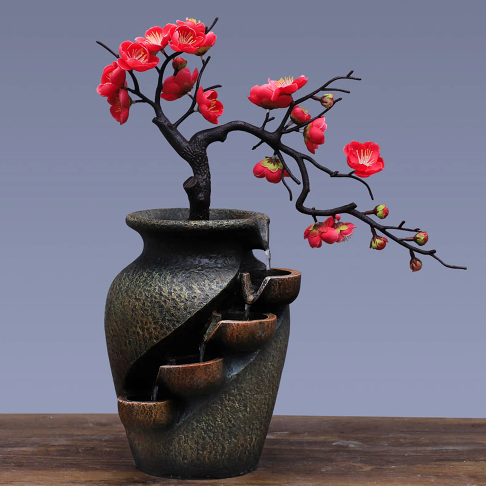 16 بوصة شجرة بونساي صغيرة مزهرية اصطناعية المناظر الطبيعية لمكتب المكتب ، فنغ شوي ديكور المنزل زخرفة المياه المتدفقة لتدفئة المنزل