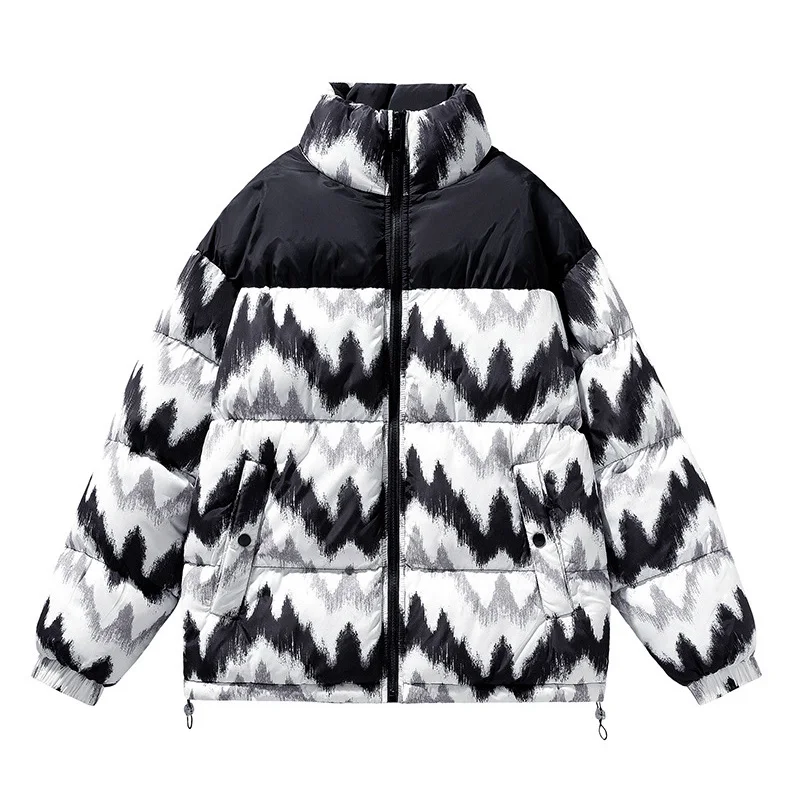 

Man Jacket Winter American Printerd Patchwork Male Down Outerwear Thicken Cold-proof Stand Collar Long Sleeve Soft Men Coat