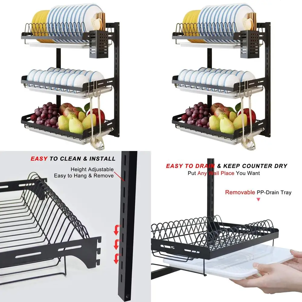 

Регулируемая по высоте 3-ярусная настенная сушилка для посуды с поддоном для слива и крючками, из нержавеющей стали, черная, большая