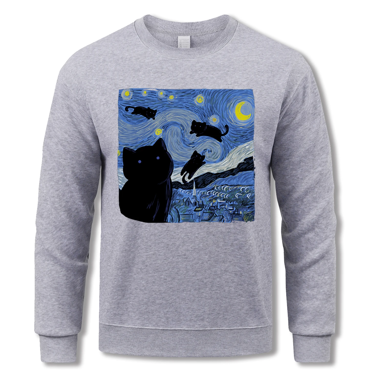 

Толстовка с рисунком «Кот прибыл в звездном небе», мужской флисовый повседневный топ с круглым вырезом, свободная одежда, мужская одежда в стиле ретро с длинным рукавом