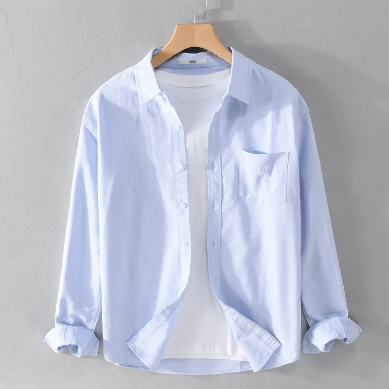 Loose Casual Oxford Cloth Men's Long Sleeve Shirt Pure Cotton Spring Autumn Japanese Style Inner Wear Base Layer Pure White