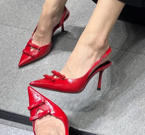 Carpaton Sexy Slingback High Heel Shoes Red Patent Leather Pointed Toe Pumps Women Butterfly-knot Thin Heels Dress Shoes