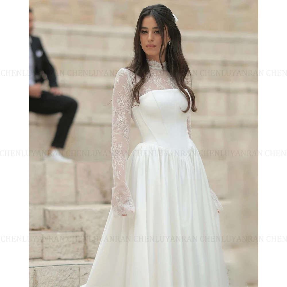 ROSEANN คลาสสิกมุสลิมเจียมเนื้อเจียมตัวชุดแต่งงาน 2025 ที่กําหนดเอง A-Line คอลูกไม้ความยาวชุดเจ้าสาว Vestido De Novia